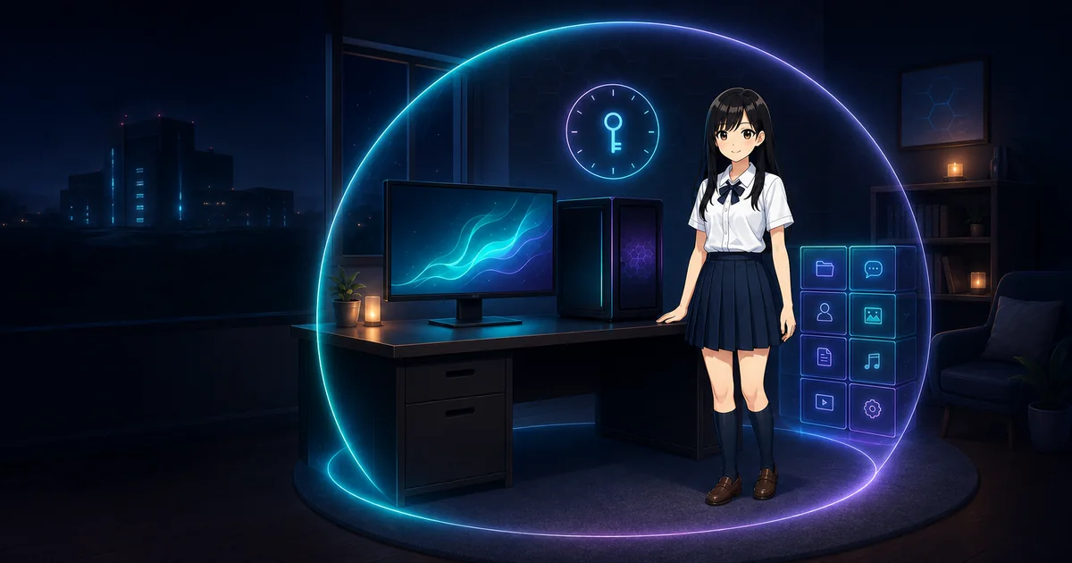 A remote company fades away while Mia and the user's local data remain lit on their computer.