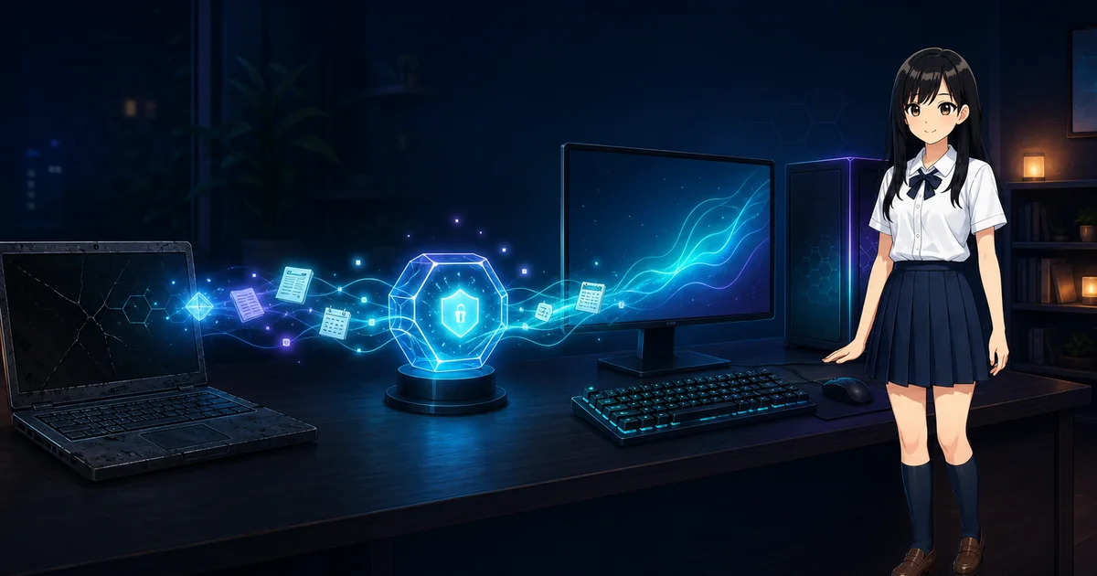 An encrypted recovery bundle carries Mia's memories from a failed laptop to a new computer.