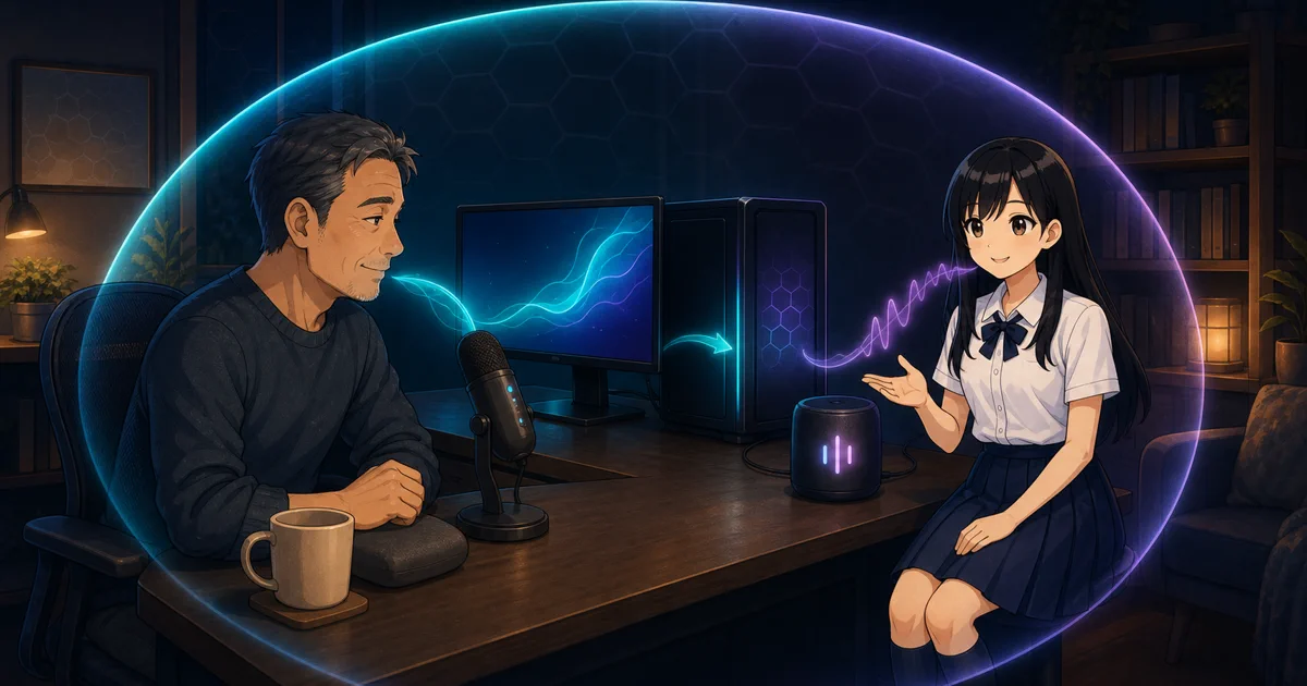 A tired user speaks into a microphone while Mia answers through a local voice waveform.
