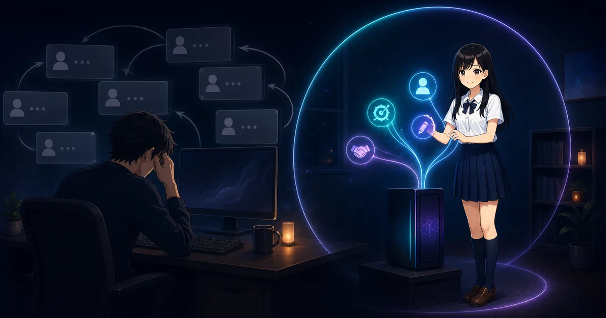 A tired user faces repeating chat panels while Mia organises a few approved memories beside the local computer.