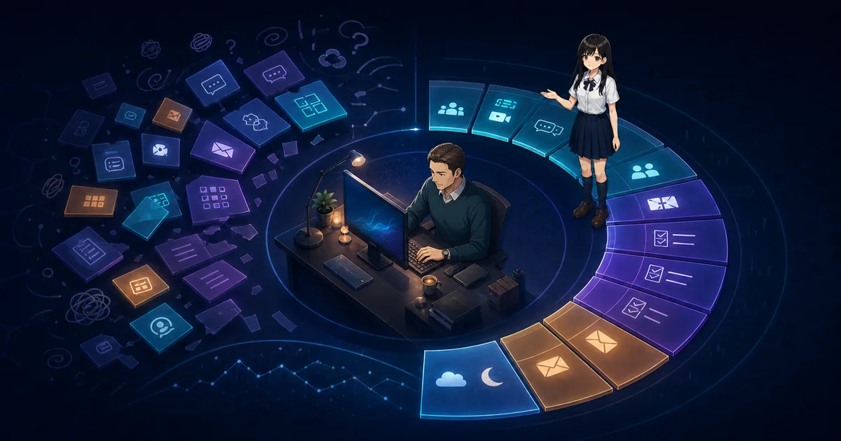 A worker and Mia inside a circular timeline that turns a scattered day into an organised rhythm.