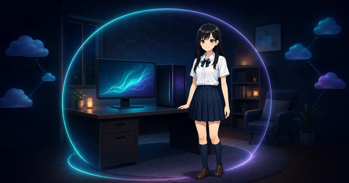 Mia and a desktop computer enclosed by a teal and violet ring while disconnected clouds remain outside.